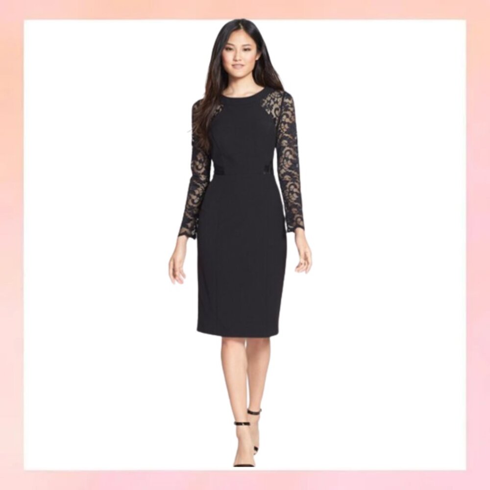 Vince Camuto Black Lace Yoke Long Sleeve Sheath Dress - Size 10